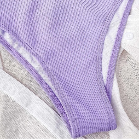 New! ✨ Lavender Purple Textured Stripe High Cut Cheeky 2 Piece Boutique Bikini - Picture 7 of 7